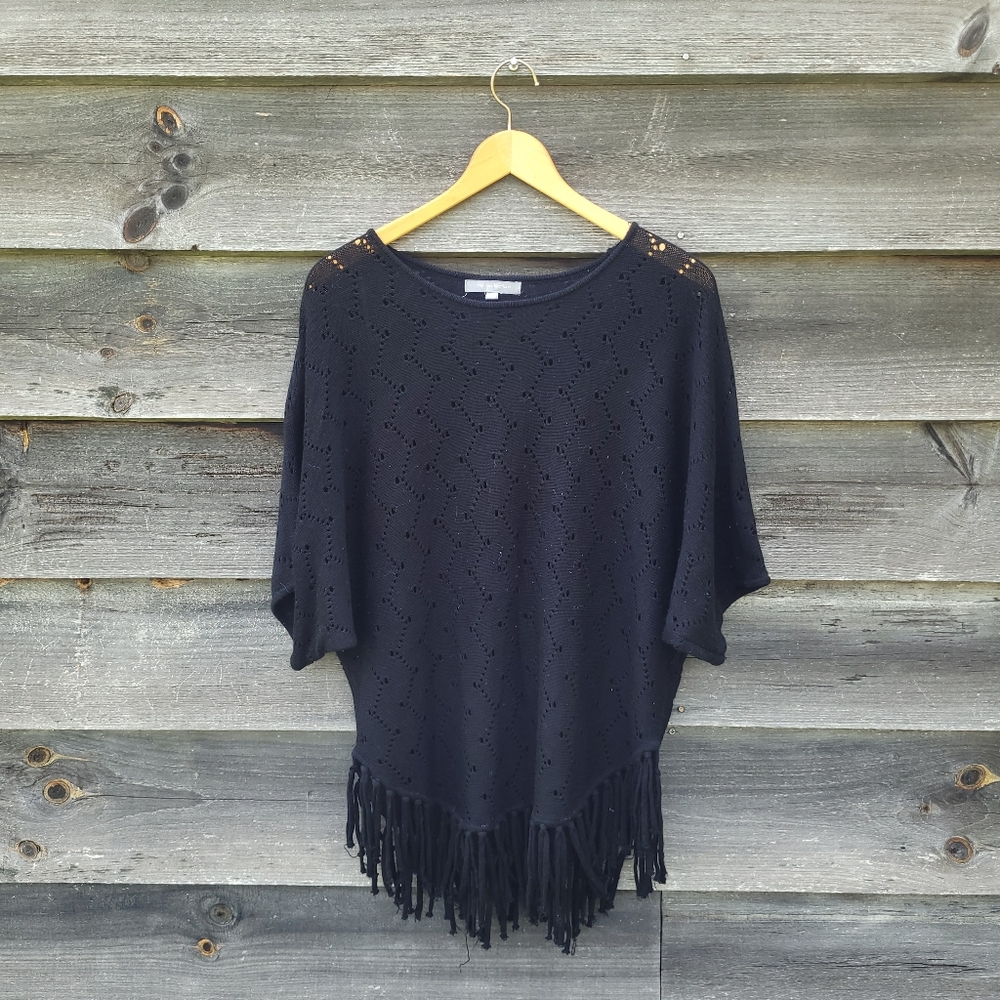NY Collection pointelle knit black dolman sweater tunic cover up fringe - L